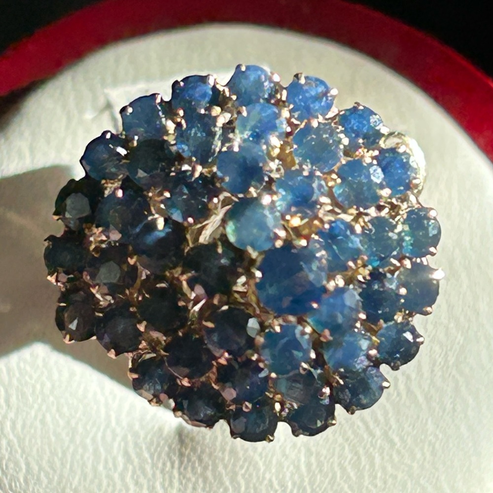 Sold-14K Yellow Gold Spiral Cluster Cocktail Natural Round Shape Blue Sapphire - Picture 16 of 17